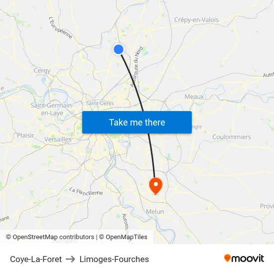 Coye-La-Foret to Limoges-Fourches map