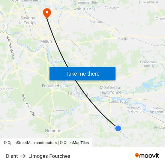 Diant to Limoges-Fourches map
