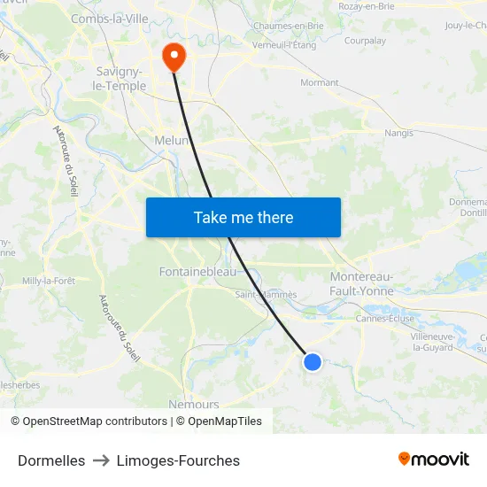 Dormelles to Limoges-Fourches map