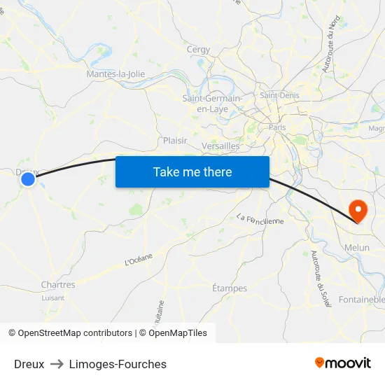 Dreux to Limoges-Fourches map
