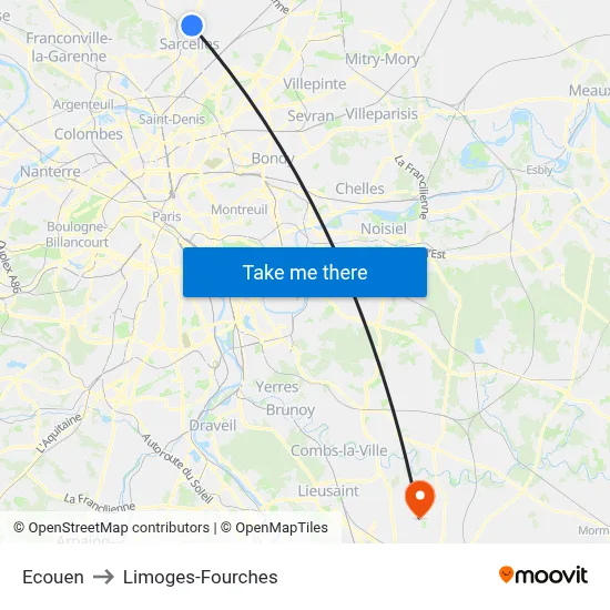 Ecouen to Limoges-Fourches map