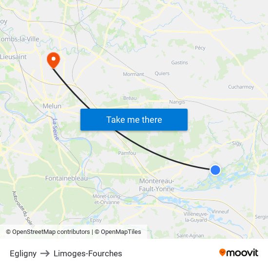 Egligny to Limoges-Fourches map