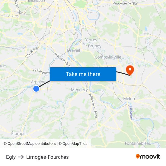 Egly to Limoges-Fourches map