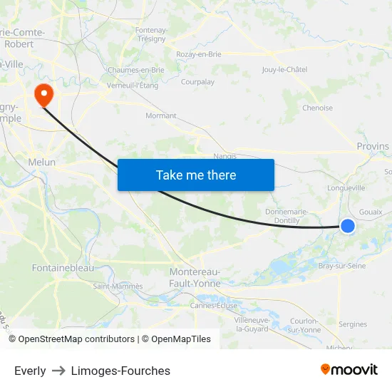 Everly to Limoges-Fourches map
