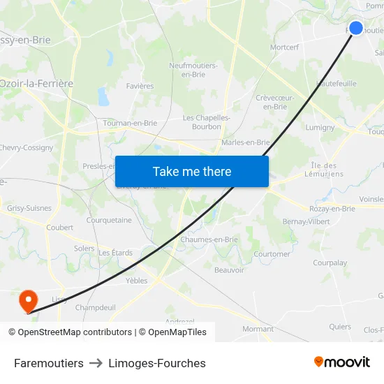 Faremoutiers to Limoges-Fourches map