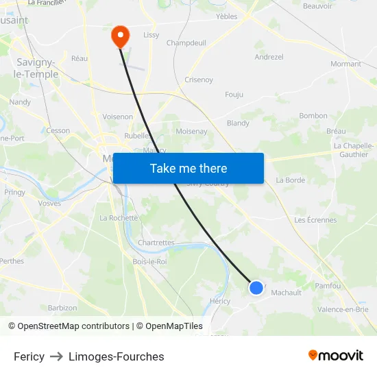 Fericy to Limoges-Fourches map