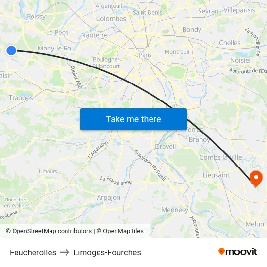 Feucherolles to Limoges-Fourches map
