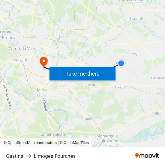 Gastins to Limoges-Fourches map