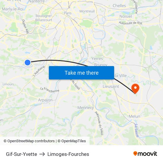 Gif-Sur-Yvette to Limoges-Fourches map