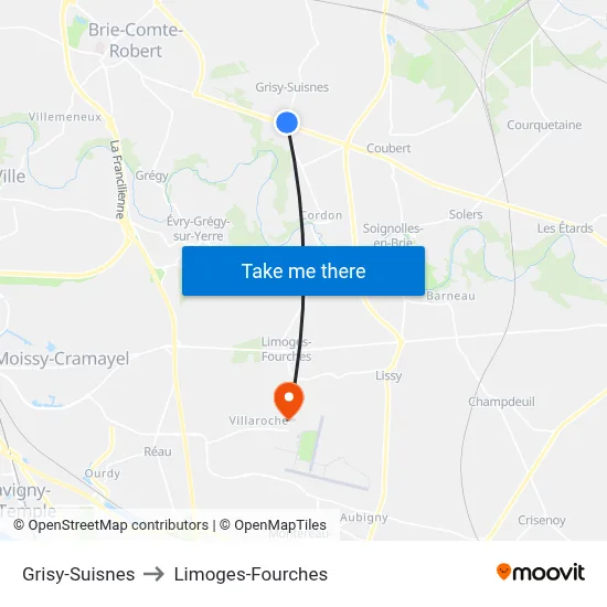 Grisy-Suisnes to Limoges-Fourches map