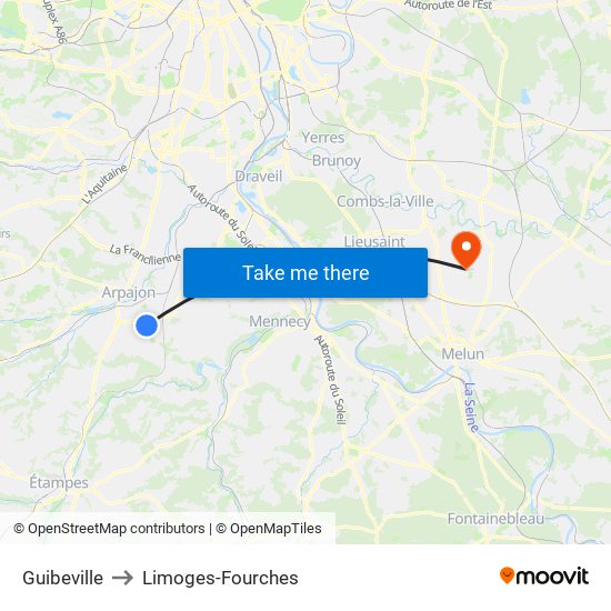 Guibeville to Limoges-Fourches map