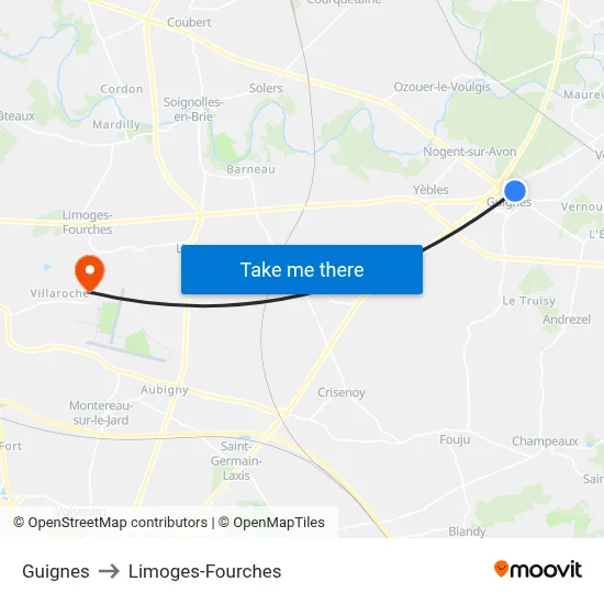 Guignes to Limoges-Fourches map
