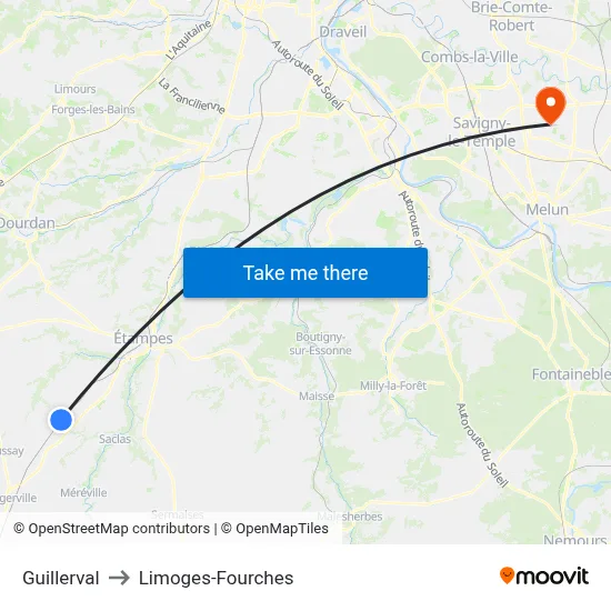 Guillerval to Limoges-Fourches map
