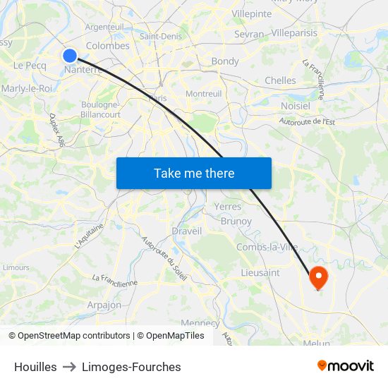 Houilles to Limoges-Fourches map