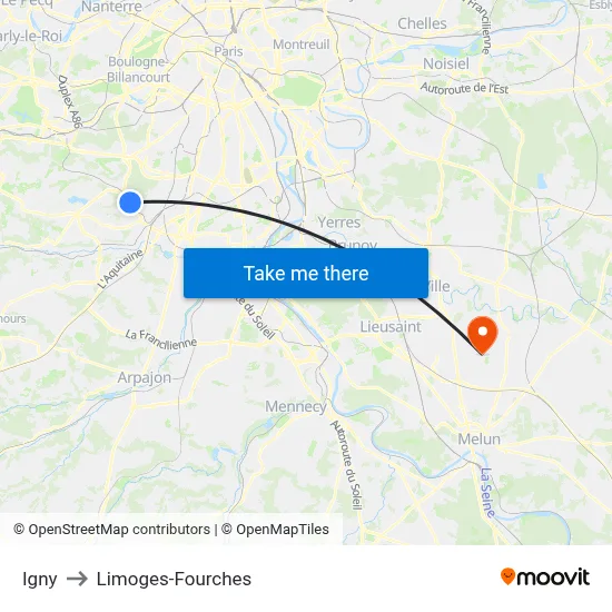 Igny to Limoges-Fourches map