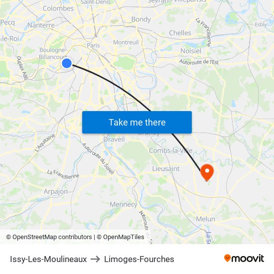 Issy-Les-Moulineaux to Limoges-Fourches map