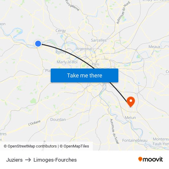 Juziers to Limoges-Fourches map