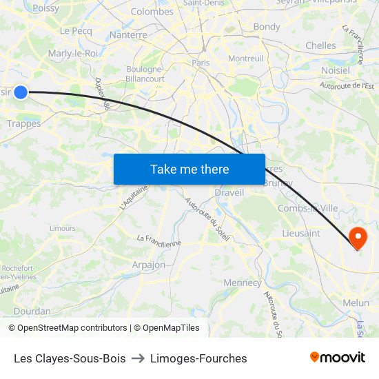 Les Clayes-Sous-Bois to Limoges-Fourches map