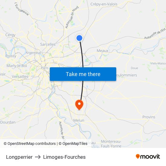 Longperrier to Limoges-Fourches map