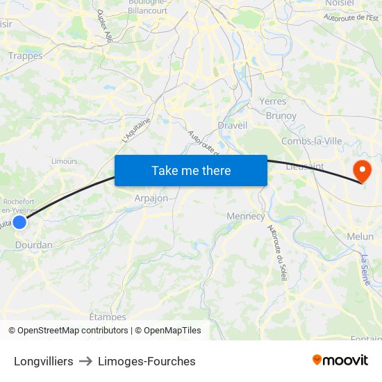 Longvilliers to Limoges-Fourches map