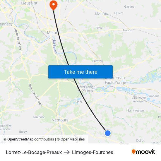 Lorrez-Le-Bocage-Preaux to Limoges-Fourches map