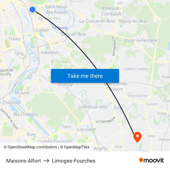 Maisons-Alfort to Limoges-Fourches map