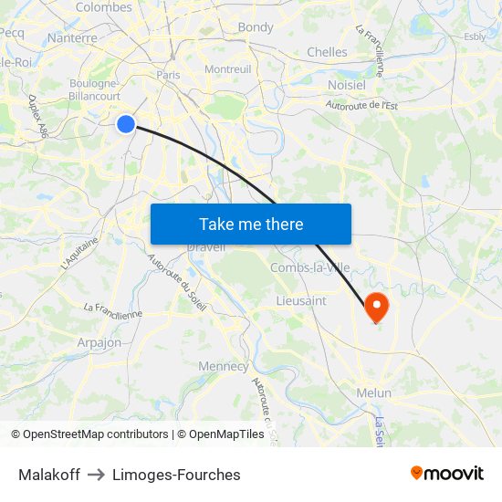 Malakoff to Limoges-Fourches map