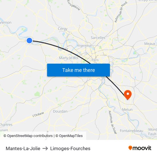 Mantes-La-Jolie to Limoges-Fourches map