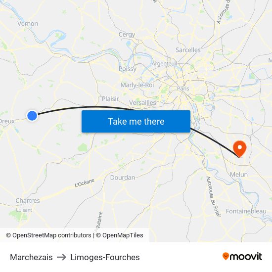 Marchezais to Limoges-Fourches map