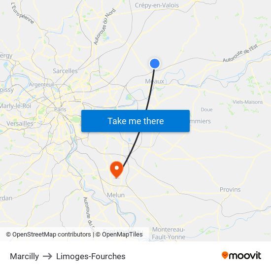 Marcilly to Limoges-Fourches map