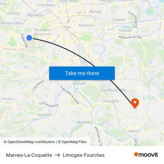 Marnes-La-Coquette to Limoges-Fourches map