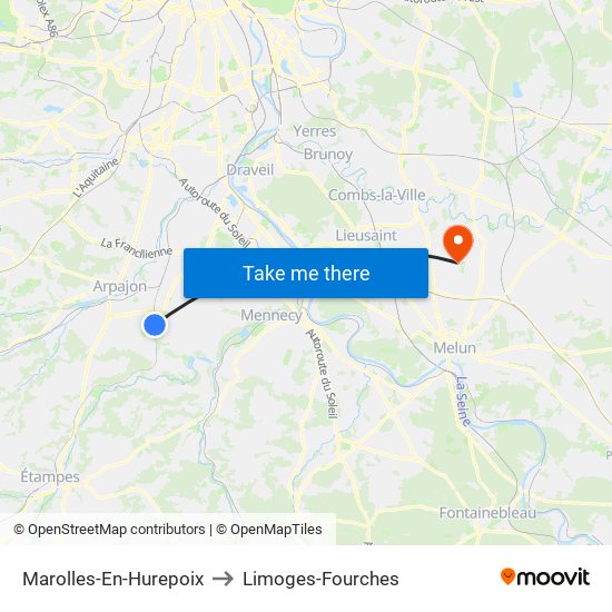 Marolles-En-Hurepoix to Limoges-Fourches map
