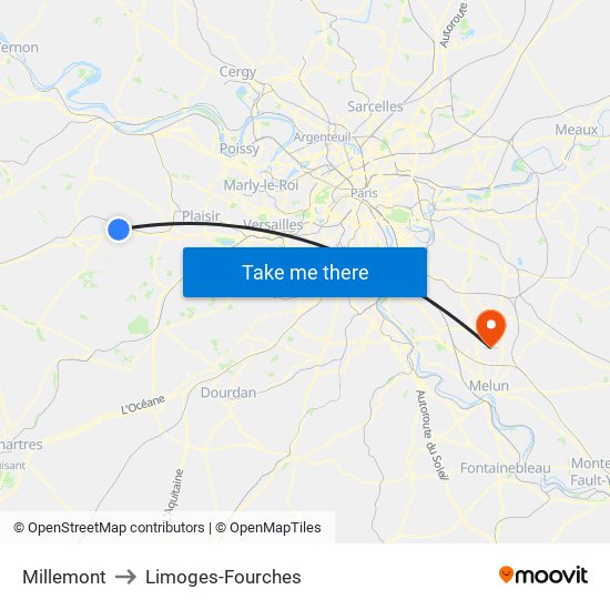 Millemont to Limoges-Fourches map