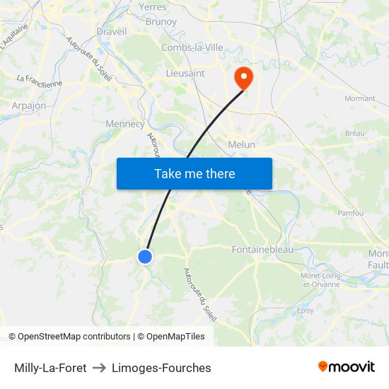 Milly-La-Foret to Limoges-Fourches map