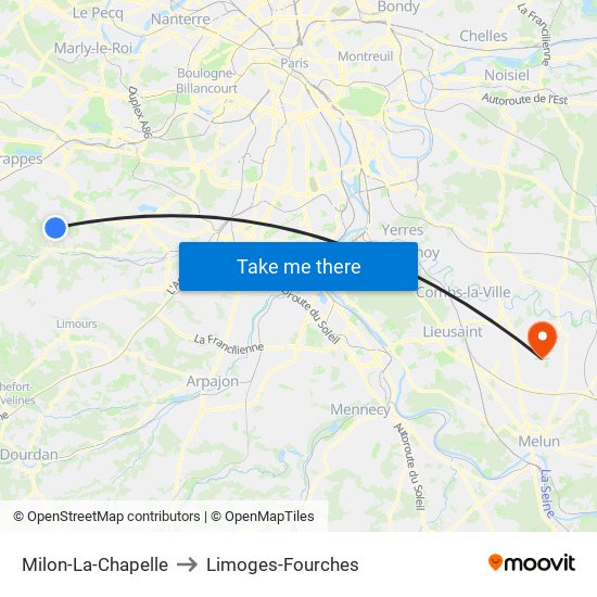 Milon-La-Chapelle to Limoges-Fourches map