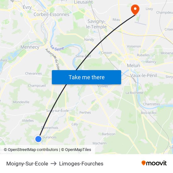 Moigny-Sur-Ecole to Limoges-Fourches map