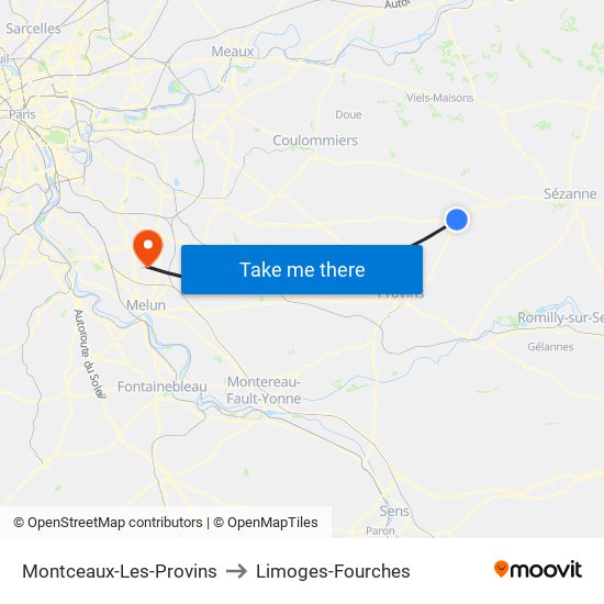Montceaux-Les-Provins to Limoges-Fourches map