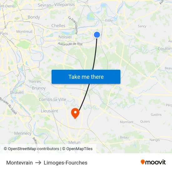 Montevrain to Limoges-Fourches map