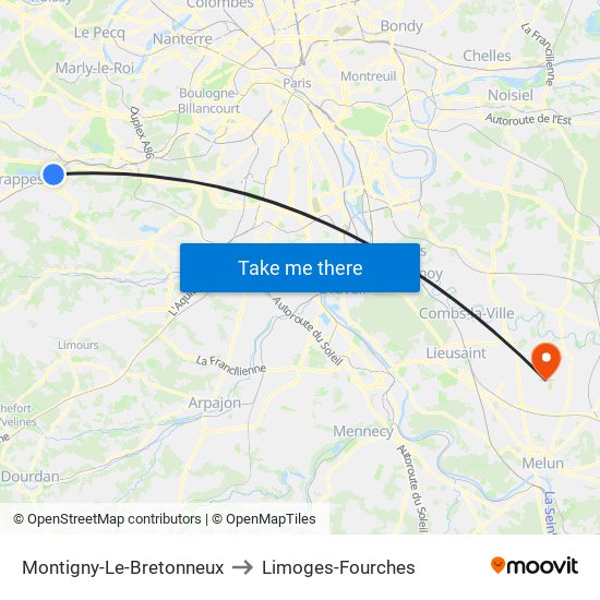 Montigny-Le-Bretonneux to Limoges-Fourches map