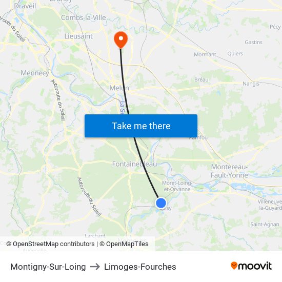 Montigny-Sur-Loing to Limoges-Fourches map