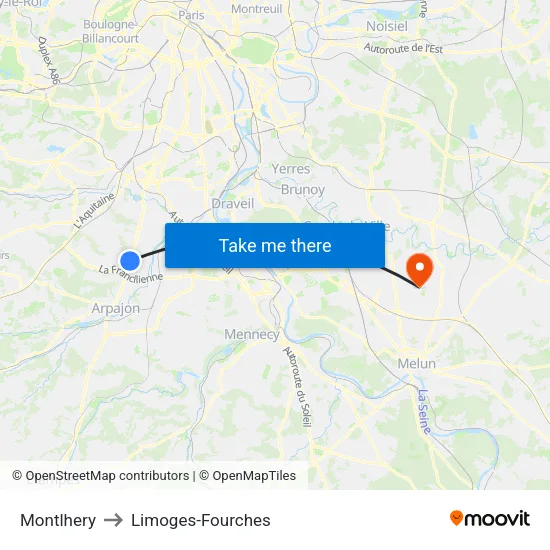 Montlhery to Limoges-Fourches map