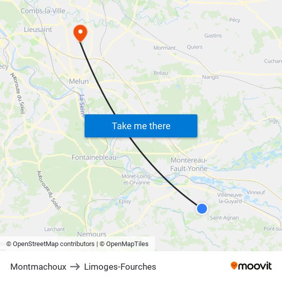 Montmachoux to Limoges-Fourches map
