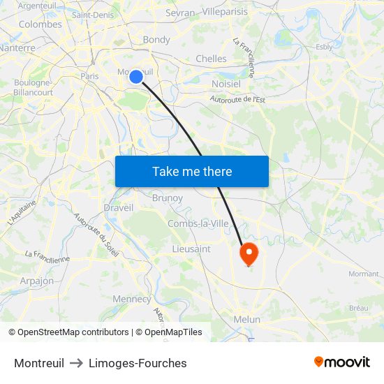 Montreuil to Limoges-Fourches map