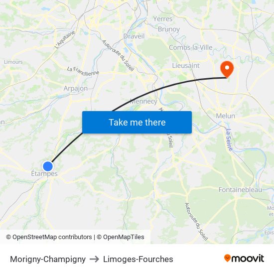 Morigny-Champigny to Limoges-Fourches map
