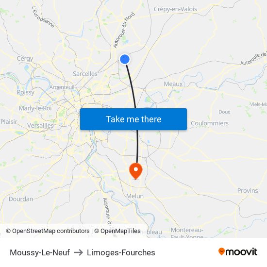 Moussy-Le-Neuf to Limoges-Fourches map