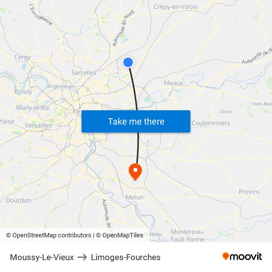 Moussy-Le-Vieux to Limoges-Fourches map