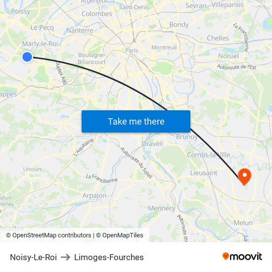 Noisy-Le-Roi to Limoges-Fourches map