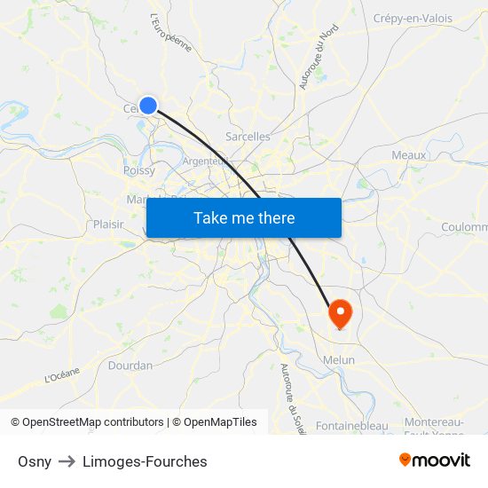 Osny to Limoges-Fourches map