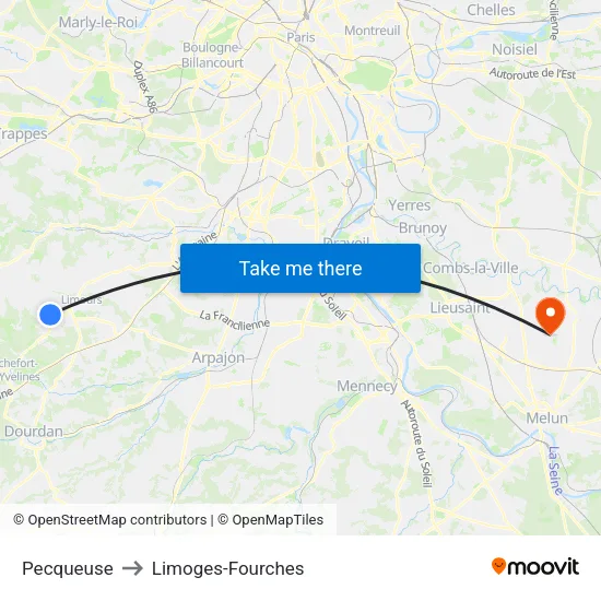 Pecqueuse to Limoges-Fourches map