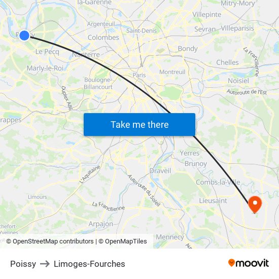 Poissy to Limoges-Fourches map